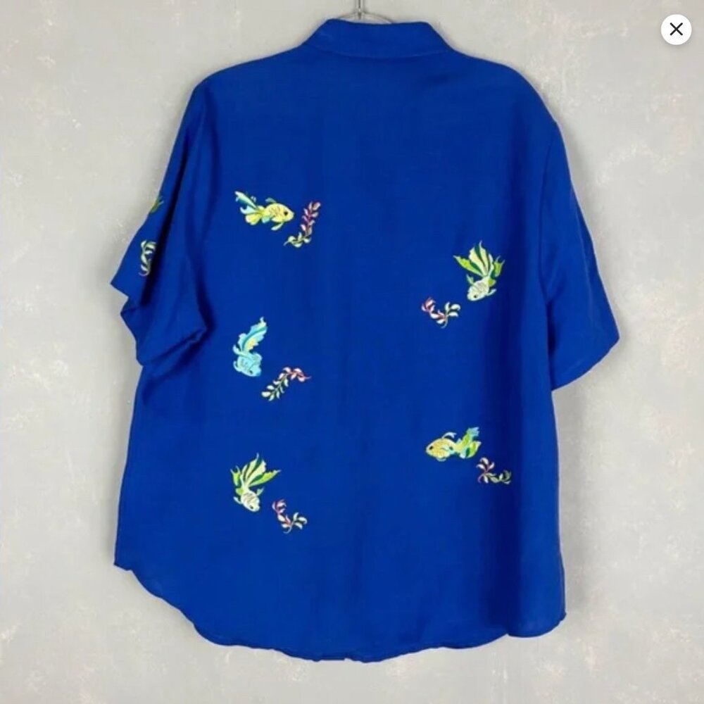 Vintage Sarah Spencer size 20W button down shirt embroidered fish blue linen - Picture 4 of 8